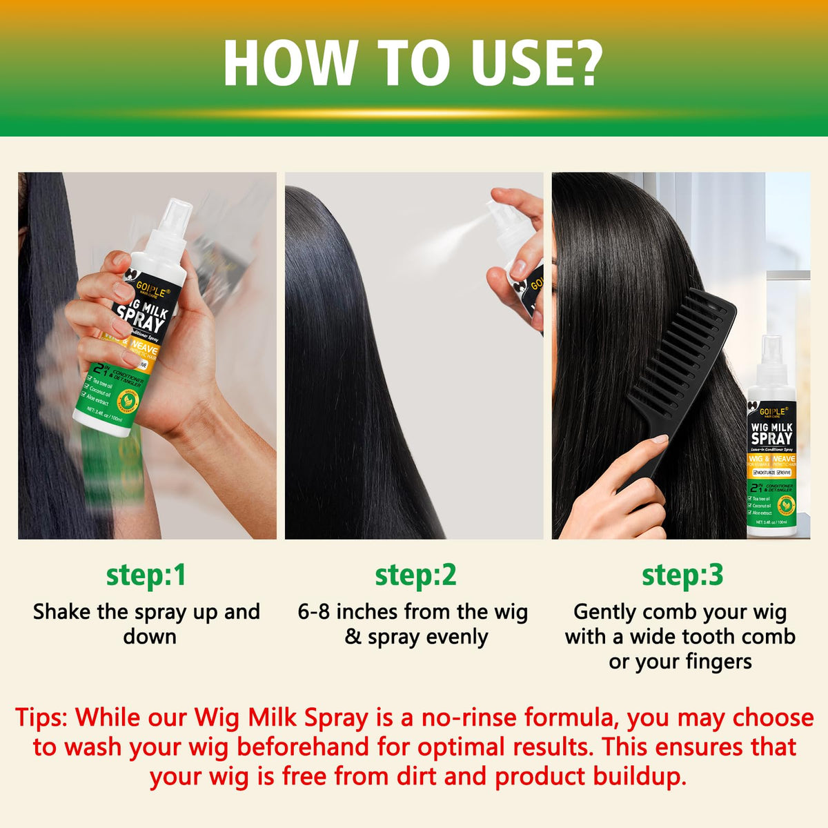 Goiple before and after detangling wig, displays smoother, shinier fibers