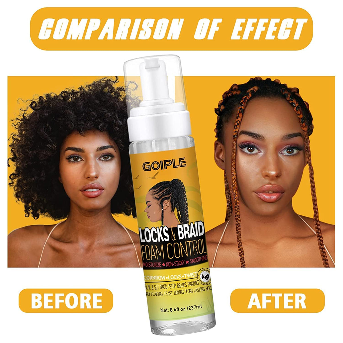 Goiple before and after shot showing frizz control and shinier braids benefit