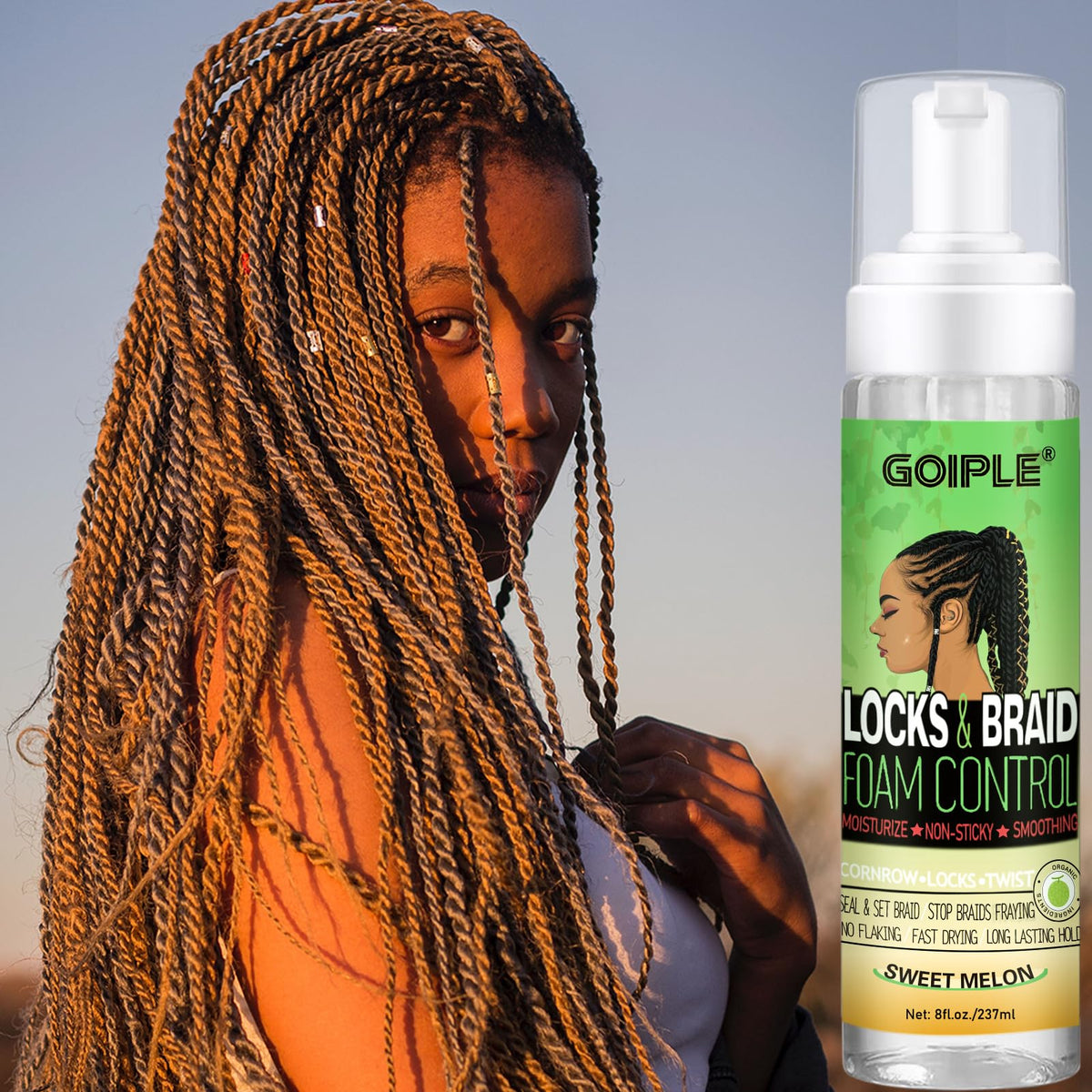Goiple before and after braids image showing reduced frizz, brand lasting hold