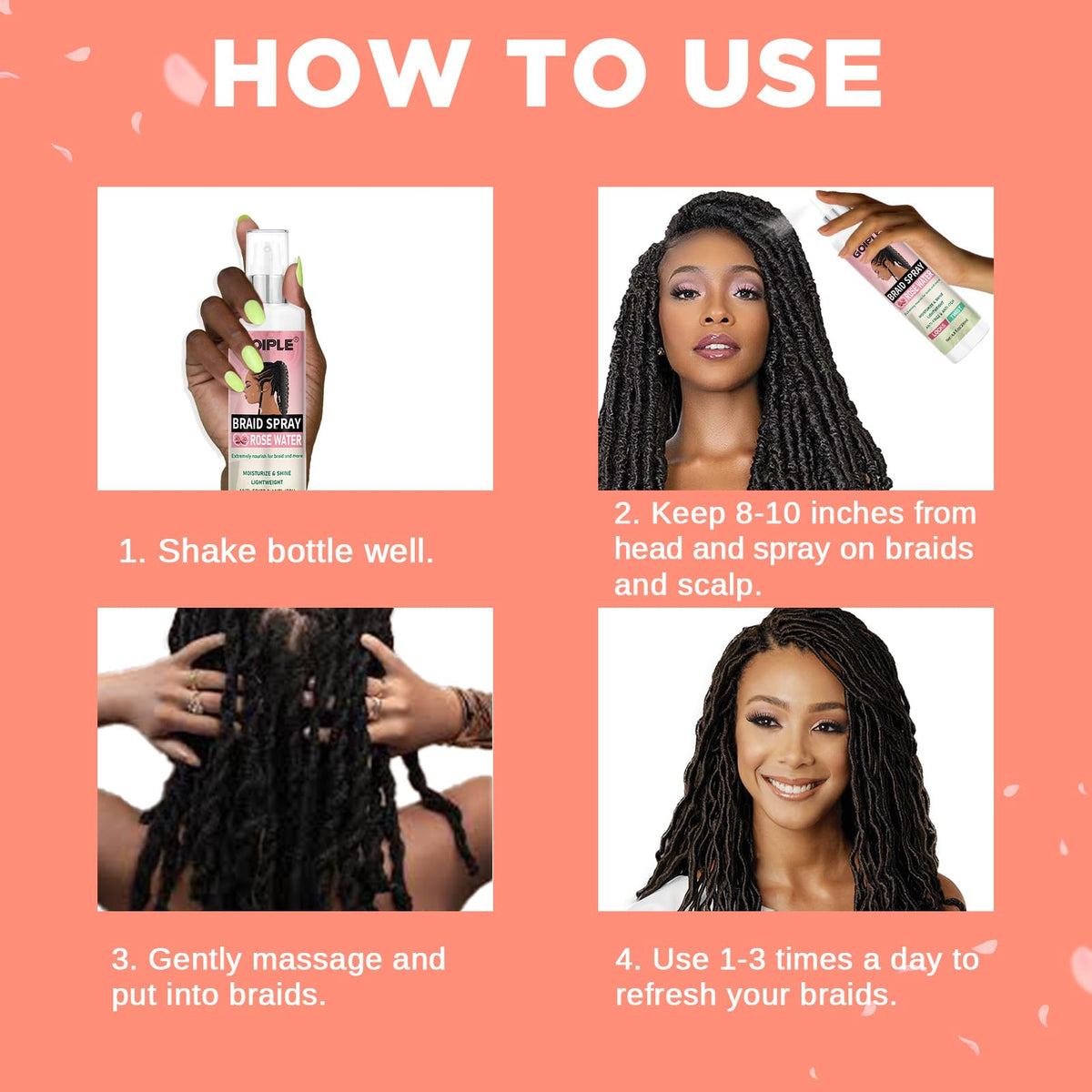 Goiple before-and-after braids showing improved shine and reduced frizz
