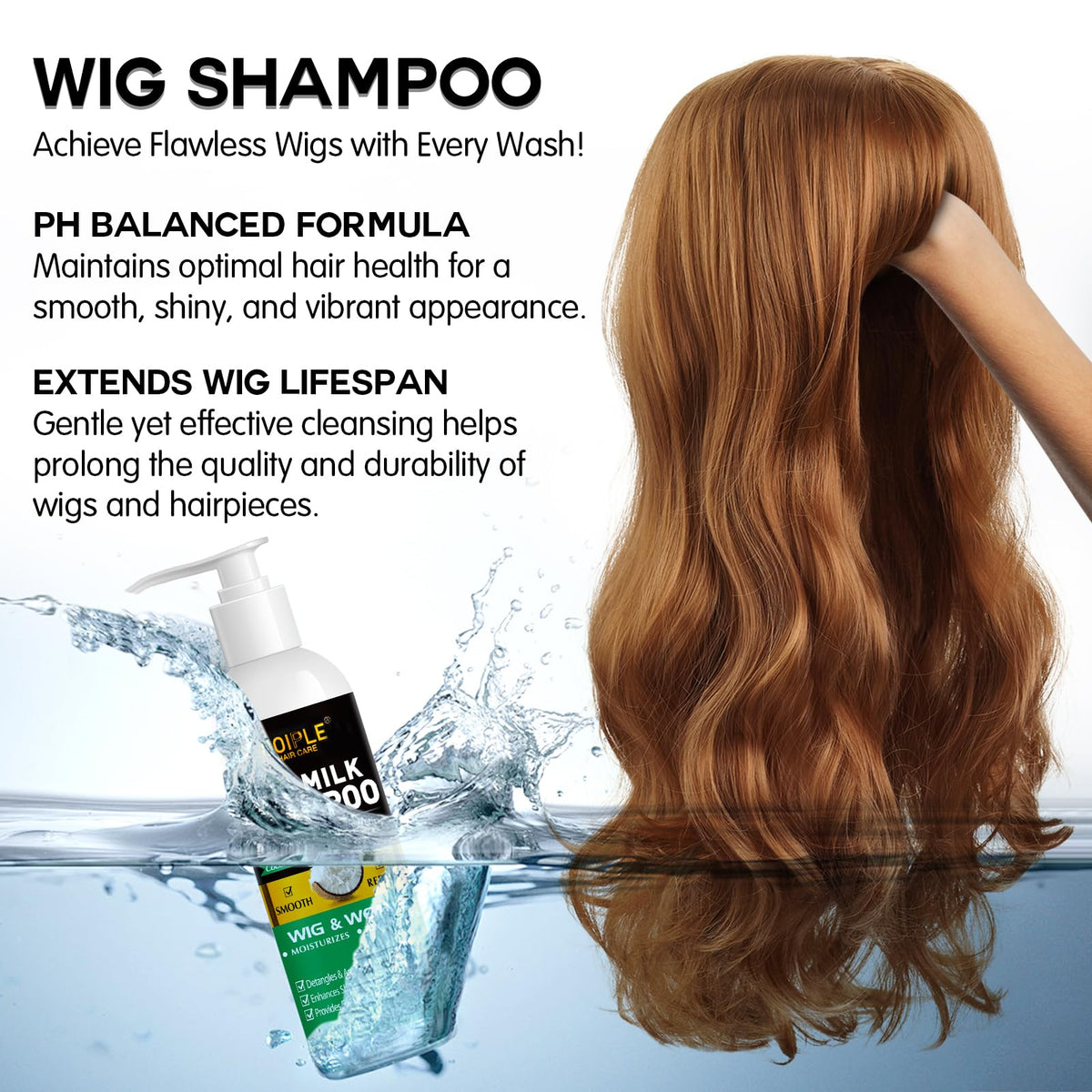 Detangling brush smoothing a wig with Goiple spray to prevent breakage