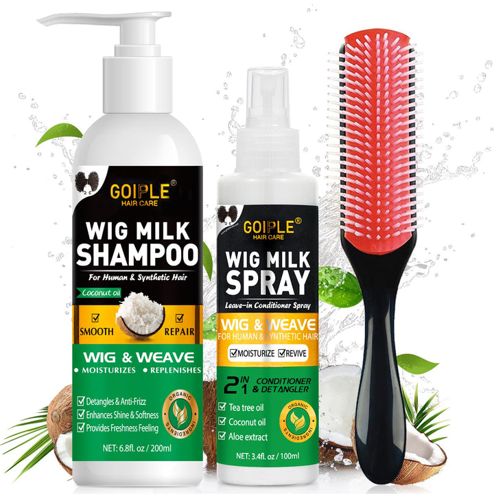 Goiple front packaging of wig shampoo and spray showing kit benefits
