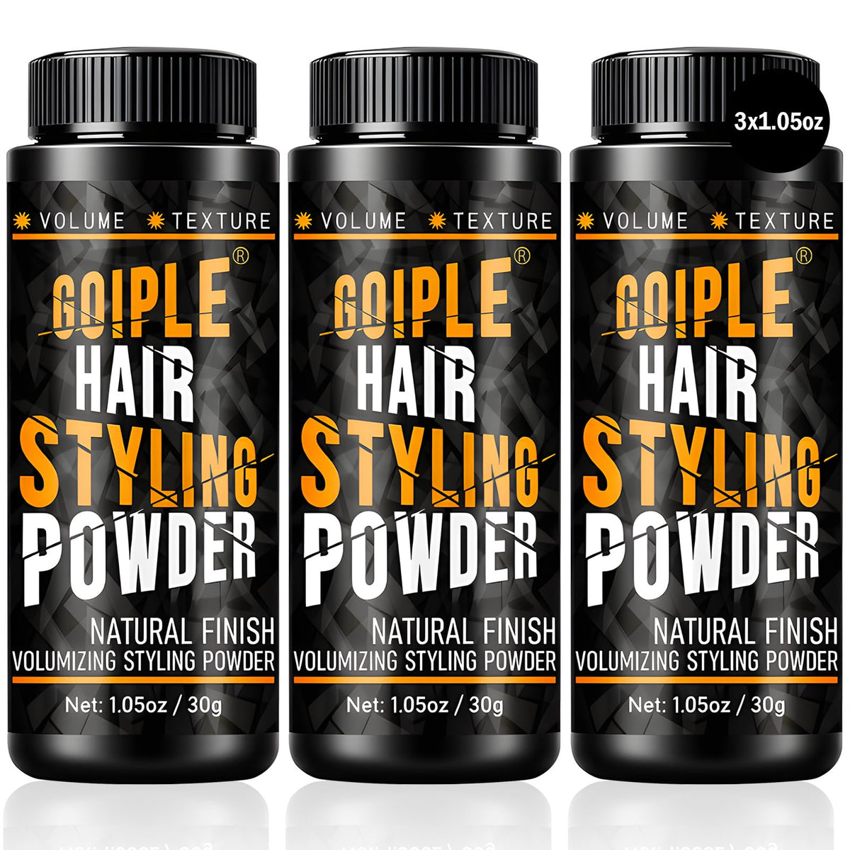 Goiple front packaging showing three compact styling powder jars and clear branding