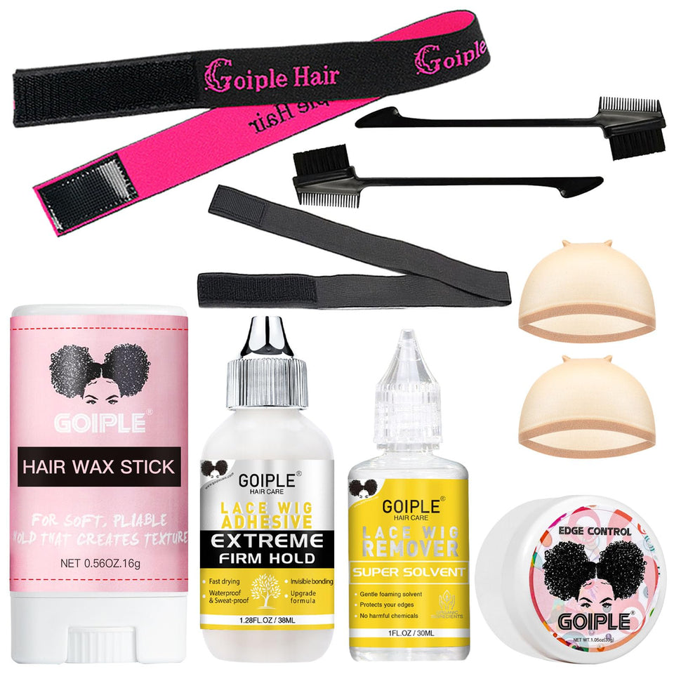 Goiple front packaging showing full adhesive and tools kit for secure styling