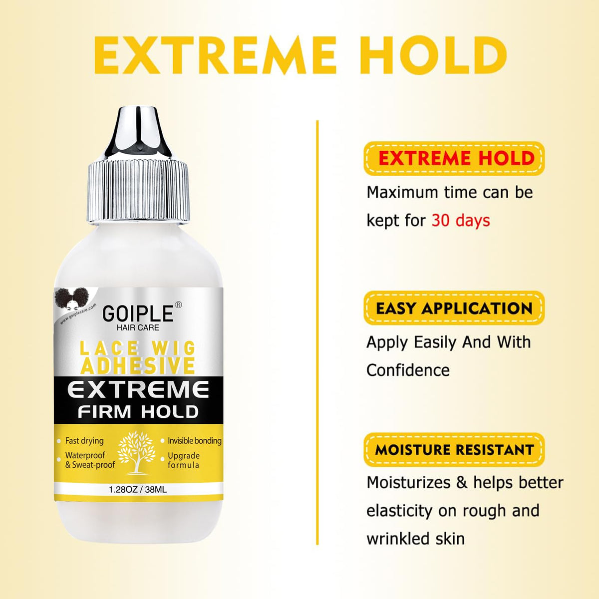 Goiple glue bottle closeup highlighting waterproof bond and clean finish benefit