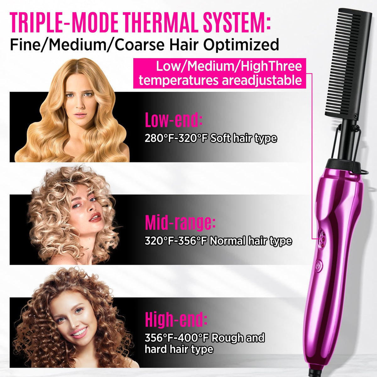 Goiple hot comb heat settings and controls visible for adjustable-temperature protection benefit