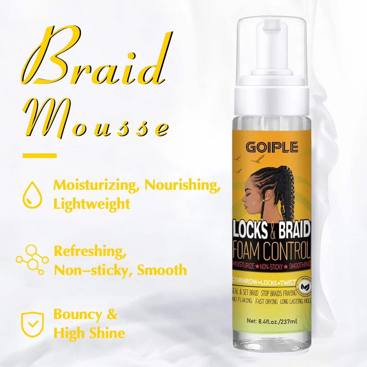 Goiple foam applied to finished braids demonstrating easy application benefit
