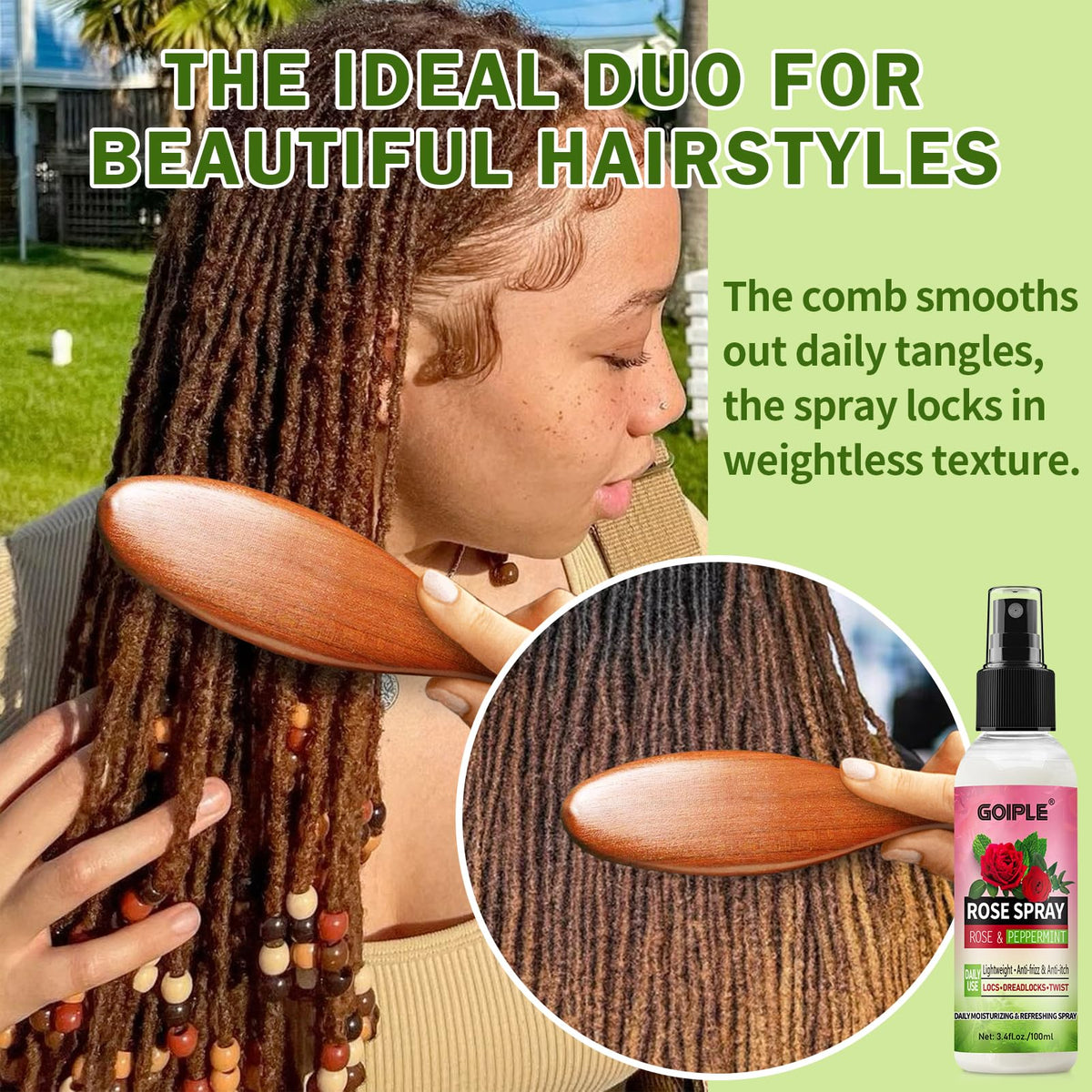 Goiple product and comb flatlay showing set for daily loc maintenance