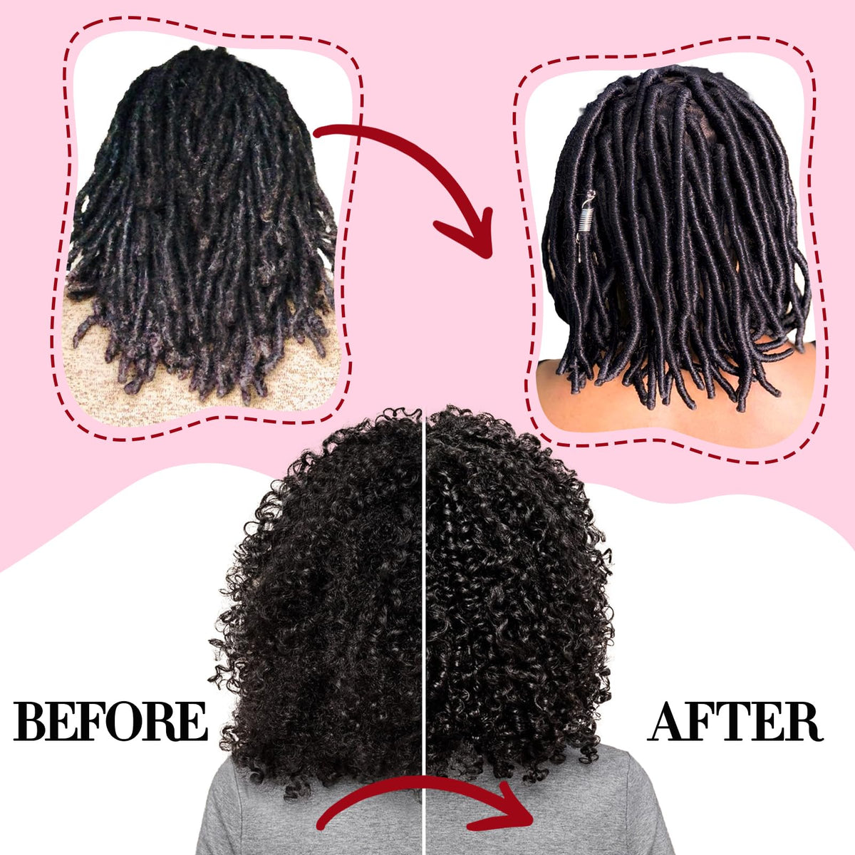 Goiple before and after on locs, improved definition and shine benefit