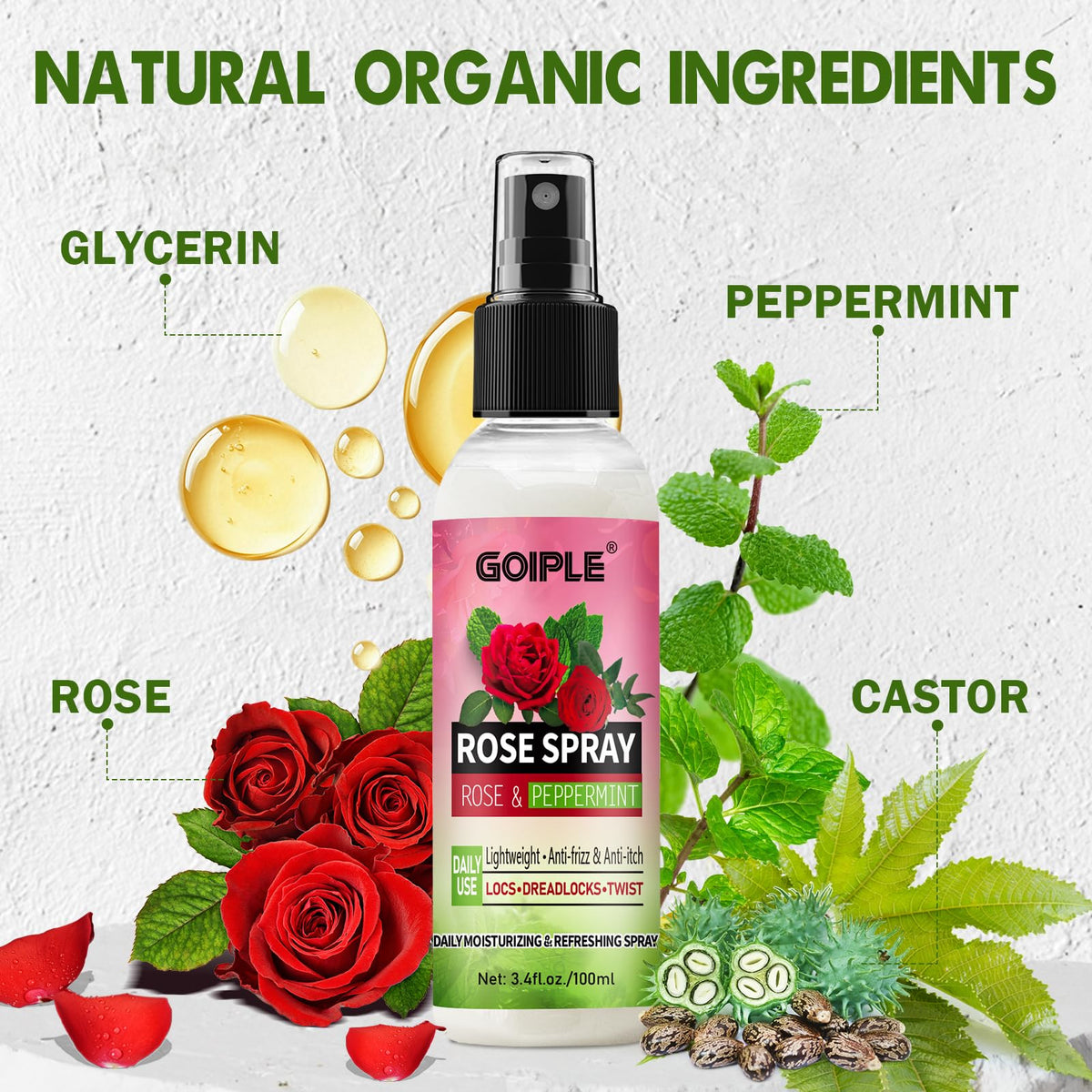 Goiple rose water mist sprayed from bottle highlighting quick-refresh benefit