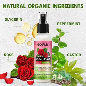 Goiple rose water mist sprayed from bottle highlighting quick-refresh benefit