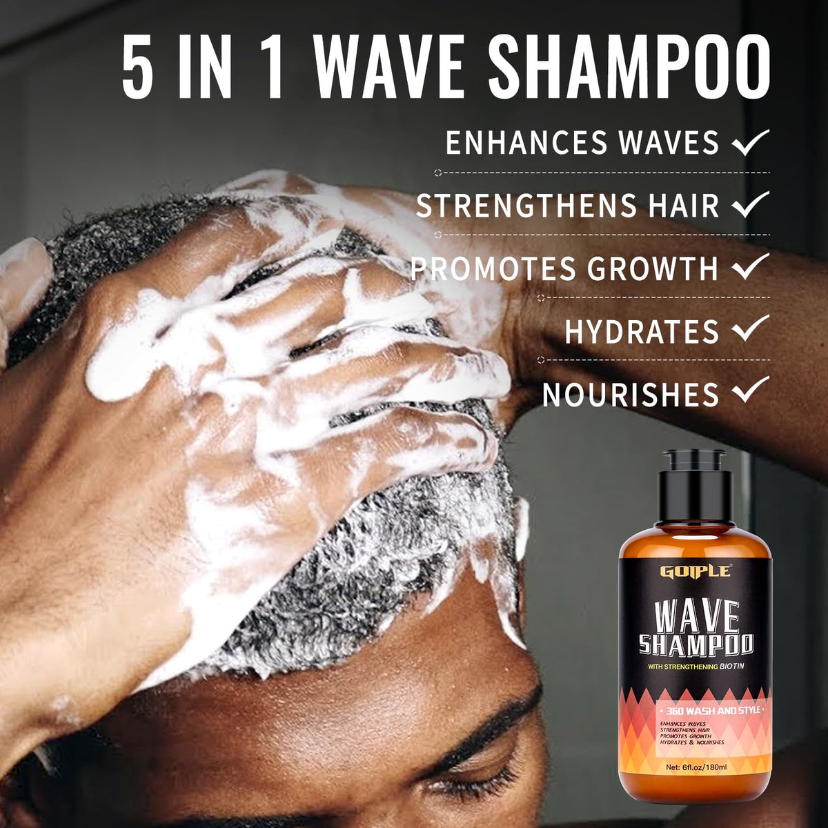 Goiple wave shampoo bottle label showing cleansing benefit