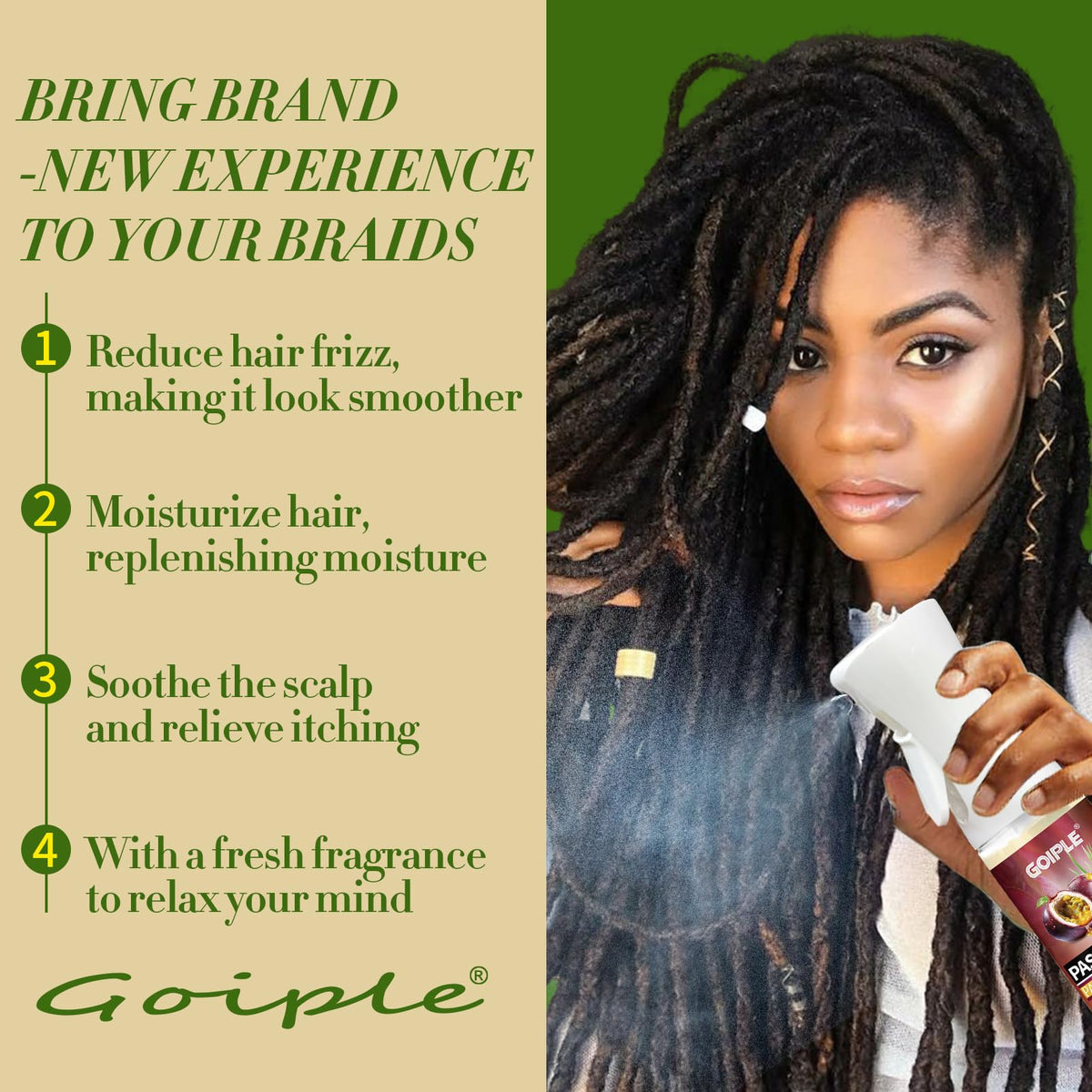 Hand spraying Goiple mist onto locs for quick moisturize benefit