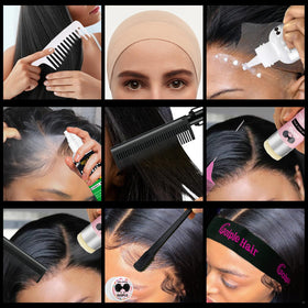 Goiple wig secured with elastic bands during glue setting for stable installation benefit