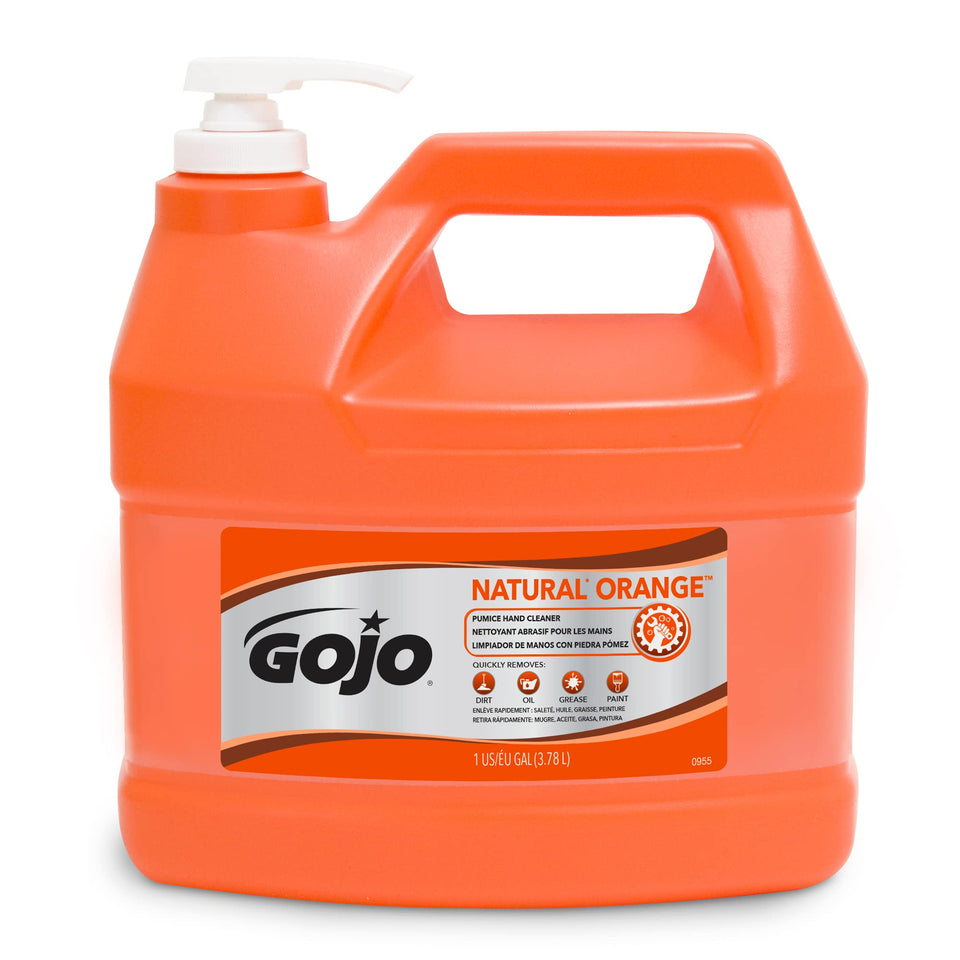 GOJO front label on 1-gallon pump bottle showing product name and usage benefit