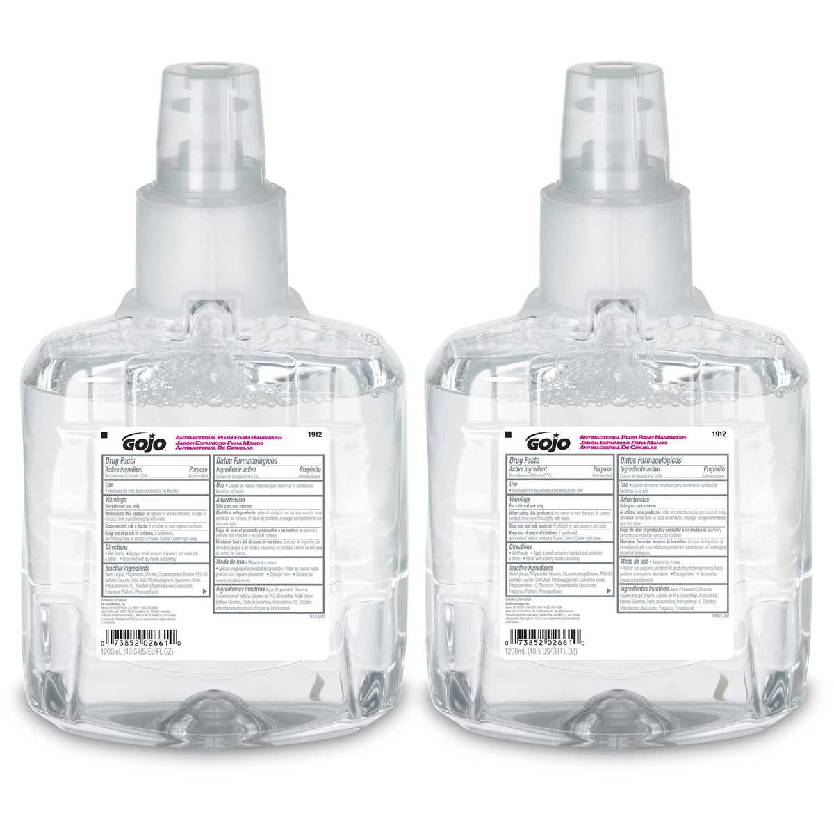 GOJO refill front view showing label and clear PET for quick level check and durability