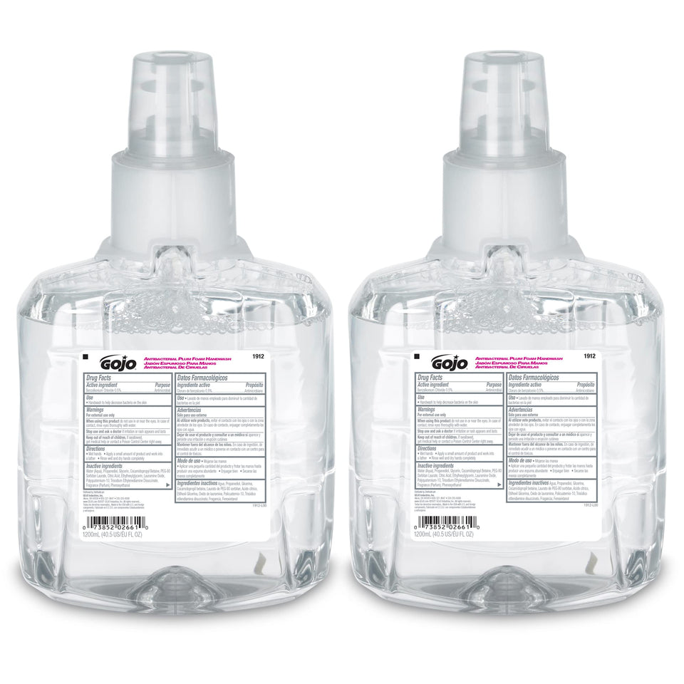 GOJO refill front view showing label and clear PET for quick level check and durability