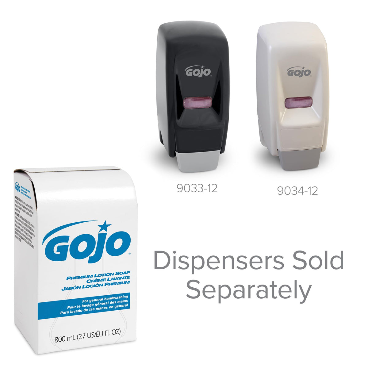 GOJO refill next to a hand for scale showing compact 800 mL portability benefit