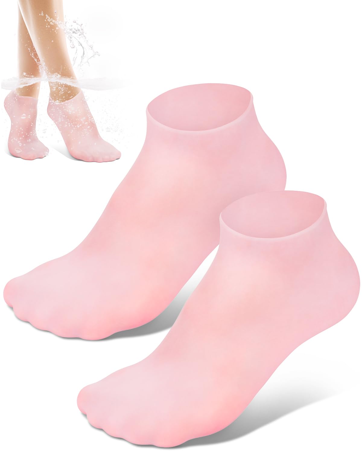 Golbylicc front packaging showing pink silicone moisturizing socks and pair benefit