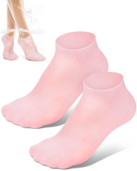 Golbylicc front packaging showing pink silicone moisturizing socks and pair benefit