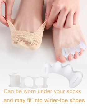Golbylicc toe separator on foot in use showing gentle alignment and reduced rubbing
