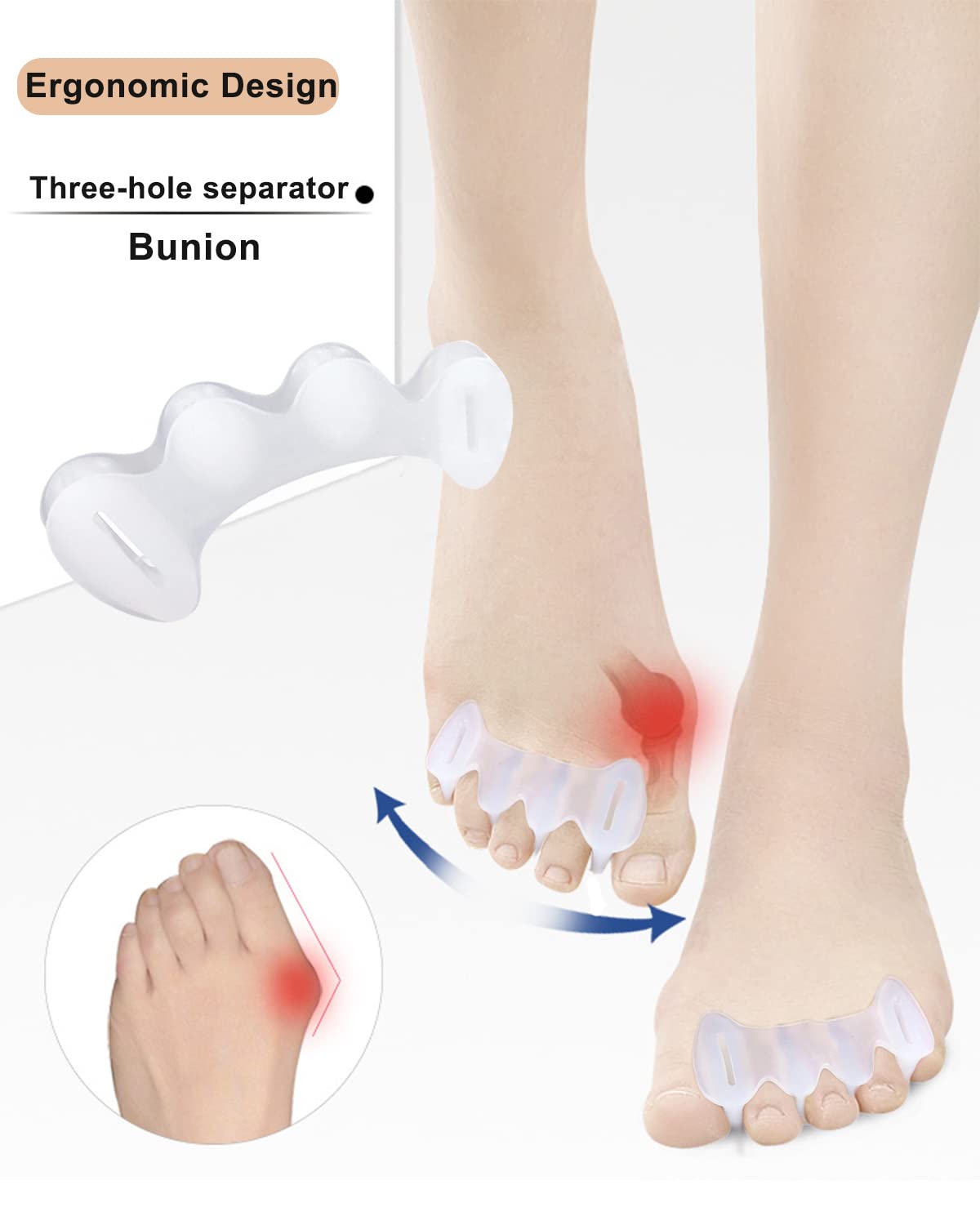 Golbylicc spacers worn on foot side view showing gentle toe separation for reduced rubbing