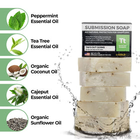 Gold BJJ soap in hand showing 4-ounce scale and easy gym-bag portability