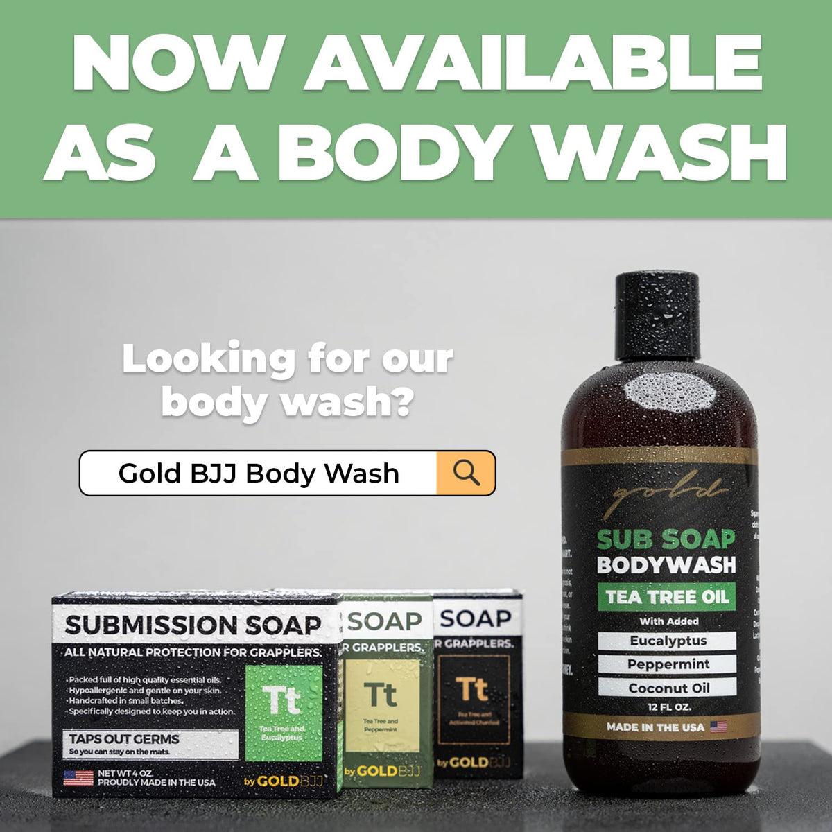 Gold BJJ soap beside gi and gloves demonstrating post-training freshness