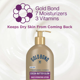 Gold Bond bottle staged with cocoa beans and shea for ingredient clarity