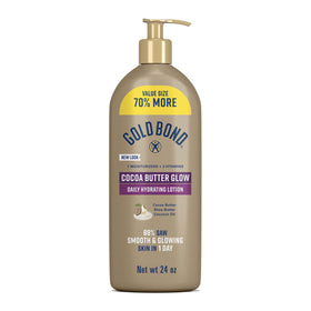 Gold Bond front pump bottle showing 24 oz size and glow benefits