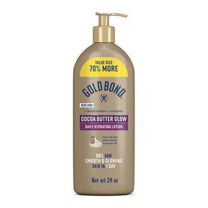 Gold Bond front pump bottle showing 24 oz size and glow benefits