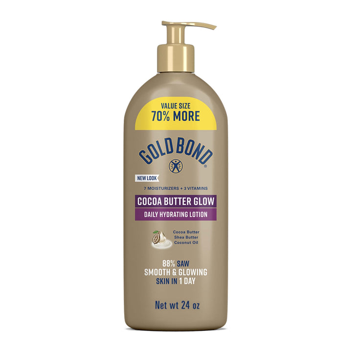 Gold Bond front pump bottle showing 24 oz size and glow benefits