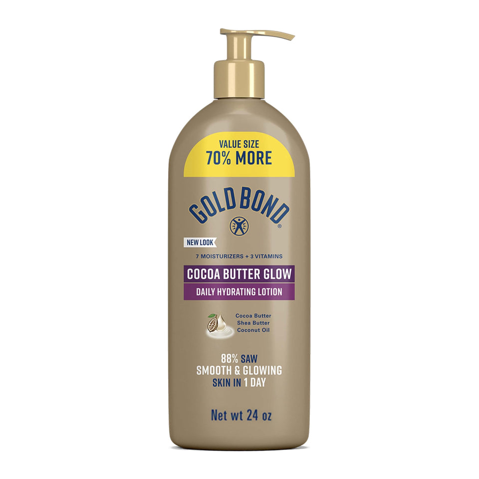 Gold Bond front pump bottle showing 24 oz size and glow benefits