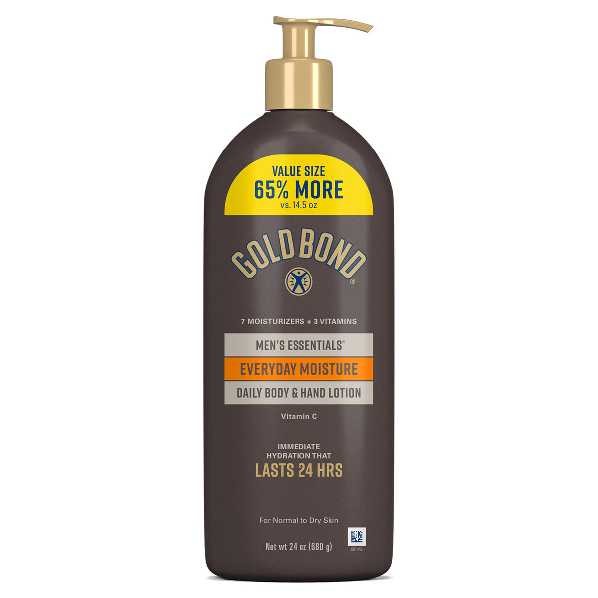 Gold Bond front pump bottle showing brand and quick hydration benefit