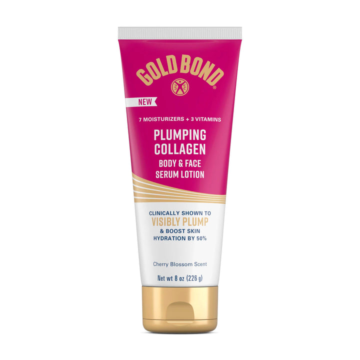Gold Bond front packaging of plumping collagen 8 oz showing tube benefit