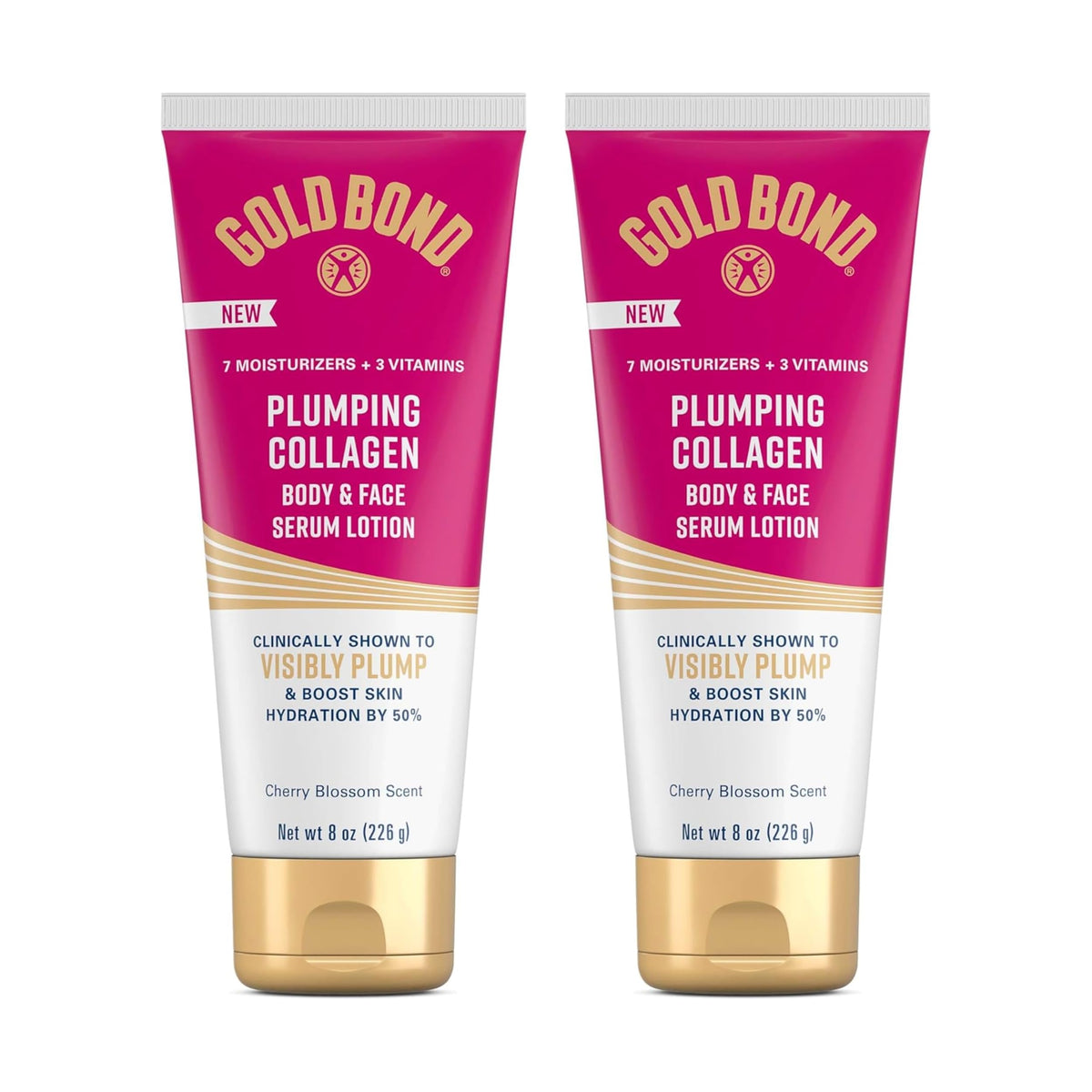 Gold Bond front packaging showing two plumping collagen serum tubes and benefits