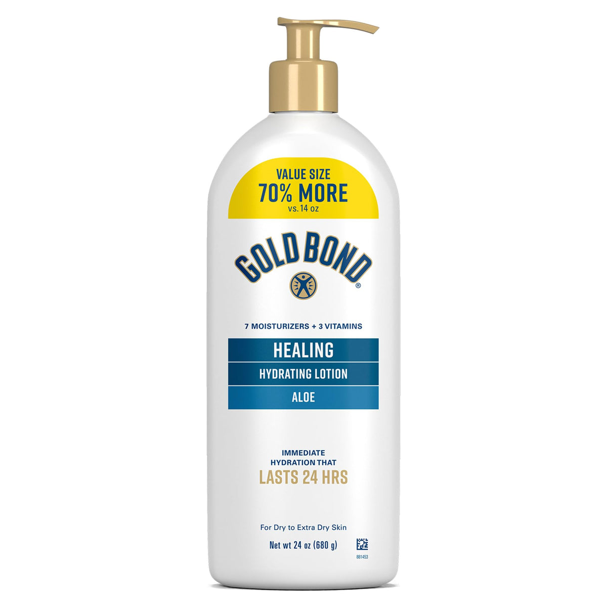Gold Bond front pump bottle showing easy dispensing and daily hydration benefit