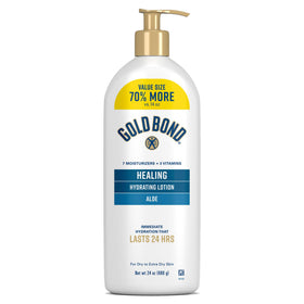 Gold Bond front pump bottle showing easy dispensing and daily hydration benefit