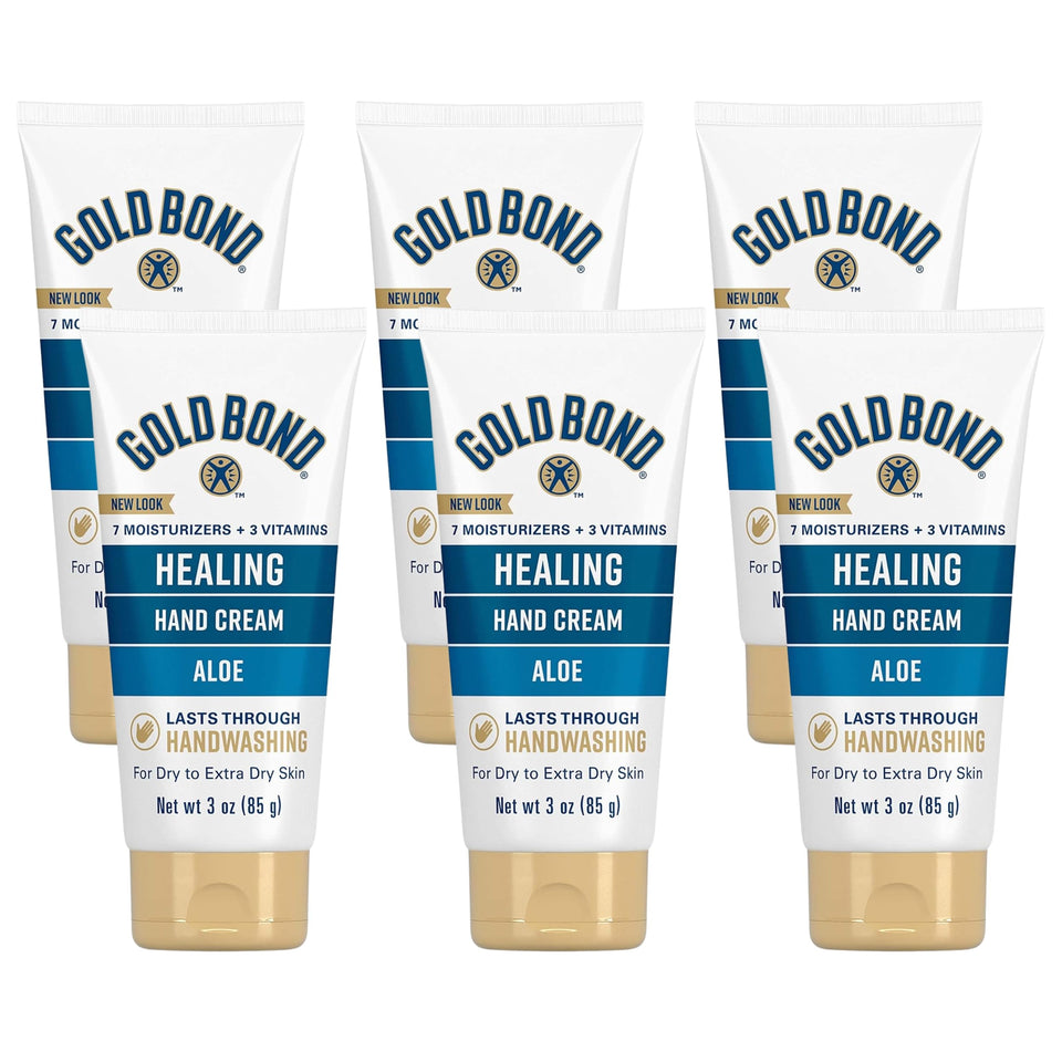 Gold Bond front packaging showing six 3 oz tubes and product branding for convenience