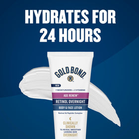 Gold Bond bottle on bedroom nightstand emphasizing convenient overnight skincare benefit