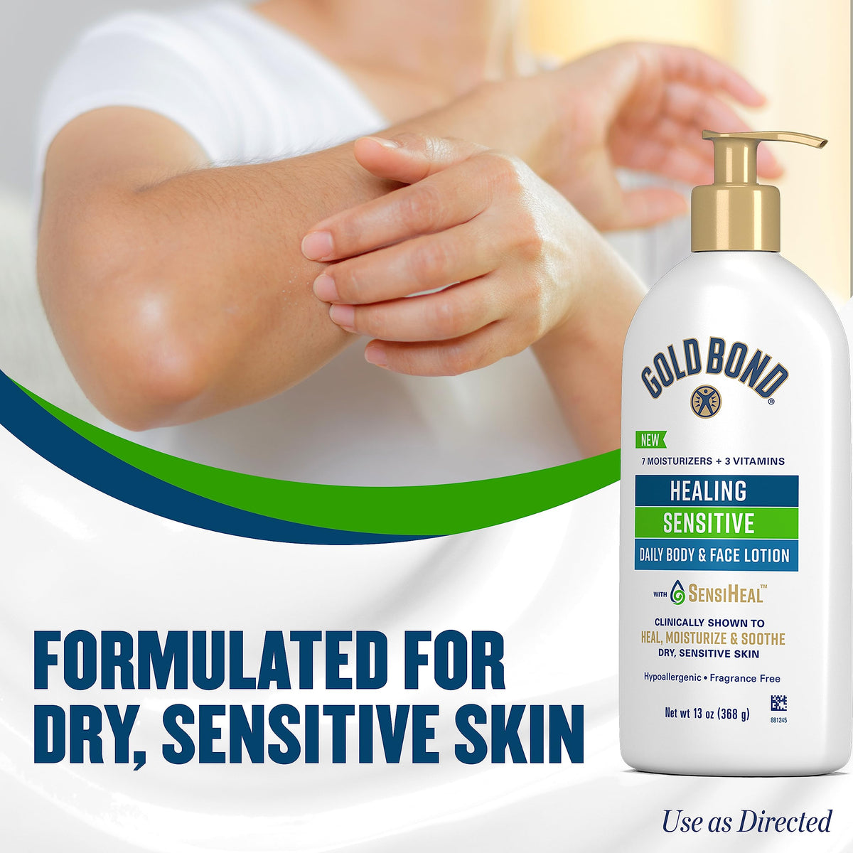 Gold Bond pump dispensing lotion demonstrating hygienic, controlled application benefit