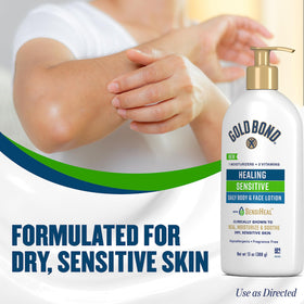 Gold Bond pump dispensing lotion demonstrating hygienic, controlled application benefit