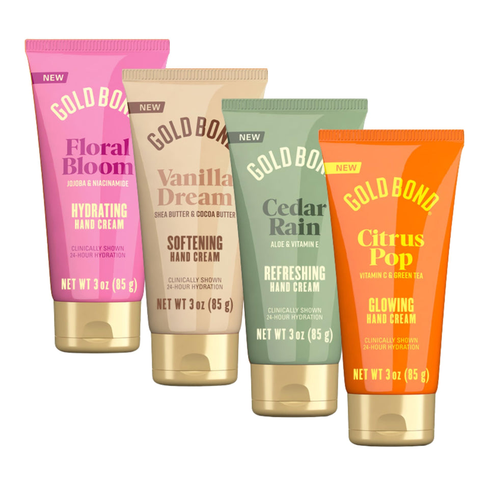 Gold Bond front packaging showing the four 3 oz scented hand creams and convenience
