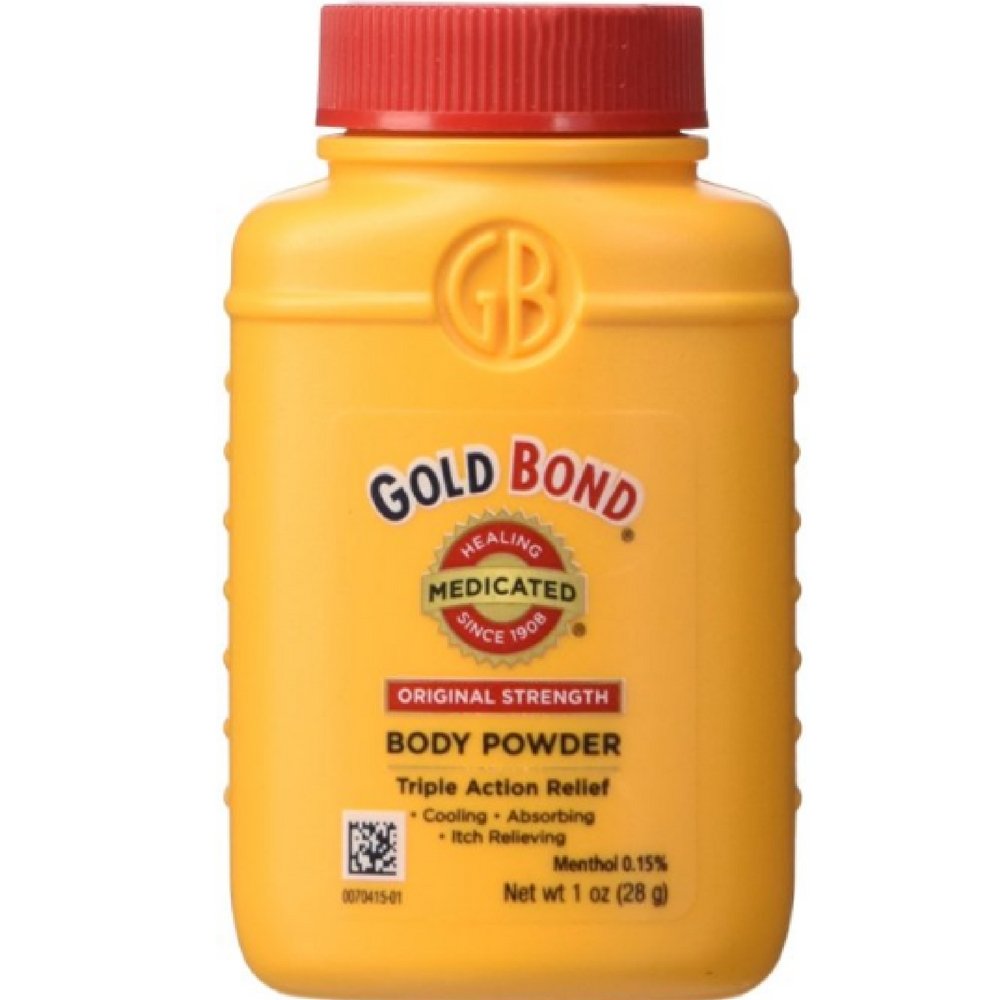 Gold Bond bottle front view showing label and compact size for easy carrying