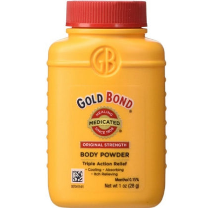 Gold Bond bottle front view showing label and compact size for easy carrying