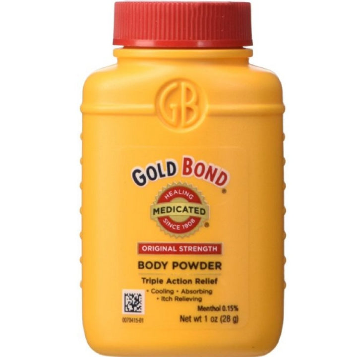 Gold Bond bottle front view showing label and compact size for easy carrying