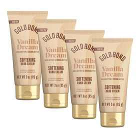 Gold Bond front packaging showing four 3 oz bottles and warm vanilla scent benefit