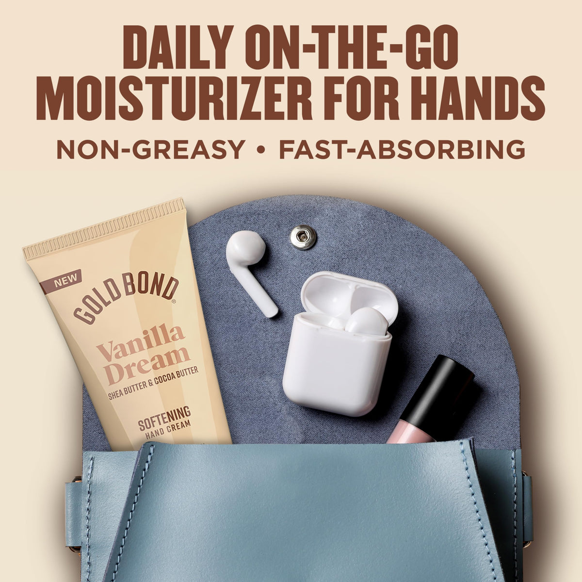 Gold Bond cream texture on fingertip showing non-greasy feel and fast absorption