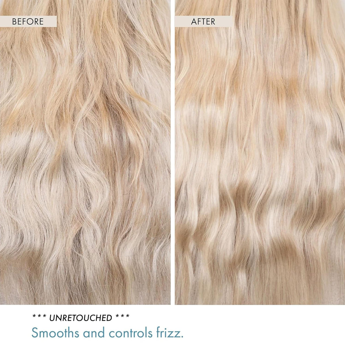 Goldie Locks before and after comparison showing reduced frizz and smoother hair
