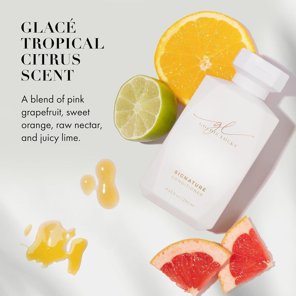 Goldie Locks ingredients display with marula oil rose water ginseng truffle